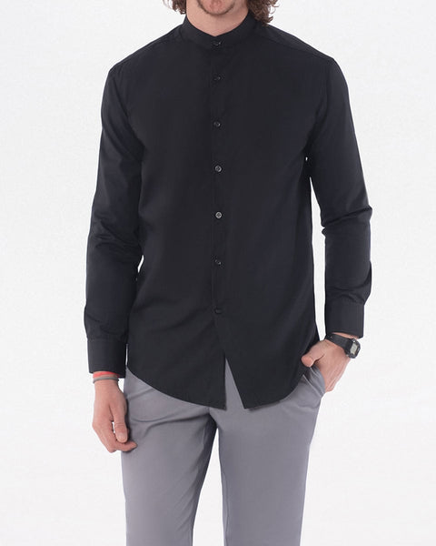 Ανδρικό Μακρυμάνικο Πουκάμισο με Γιακά ΜΑΟ σε 3 Αποχρώσεις-Μαύρο-Small