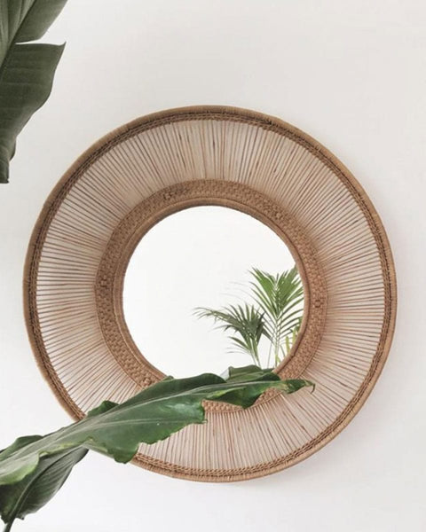 Στρογγυλός Rattan Natural Καθρέφτης Malawi σε 2 Διαστάσεις-Μεγάλη-100x100cm